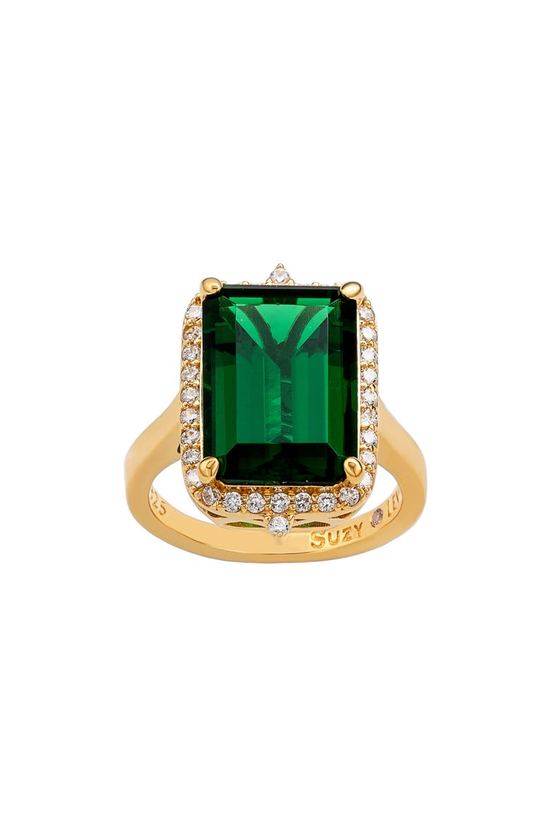 Halo Emerald Cut Cubic Zirconia Ring, Alternate, color, GREEN