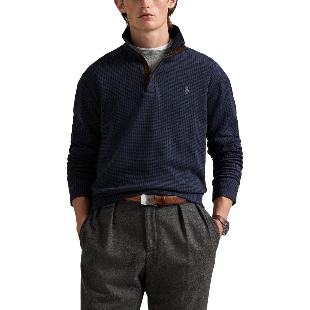 Polo Ralph Lauren Houndstooth Luxury Cotton Blend Quarter Zip Pullover In Blue
