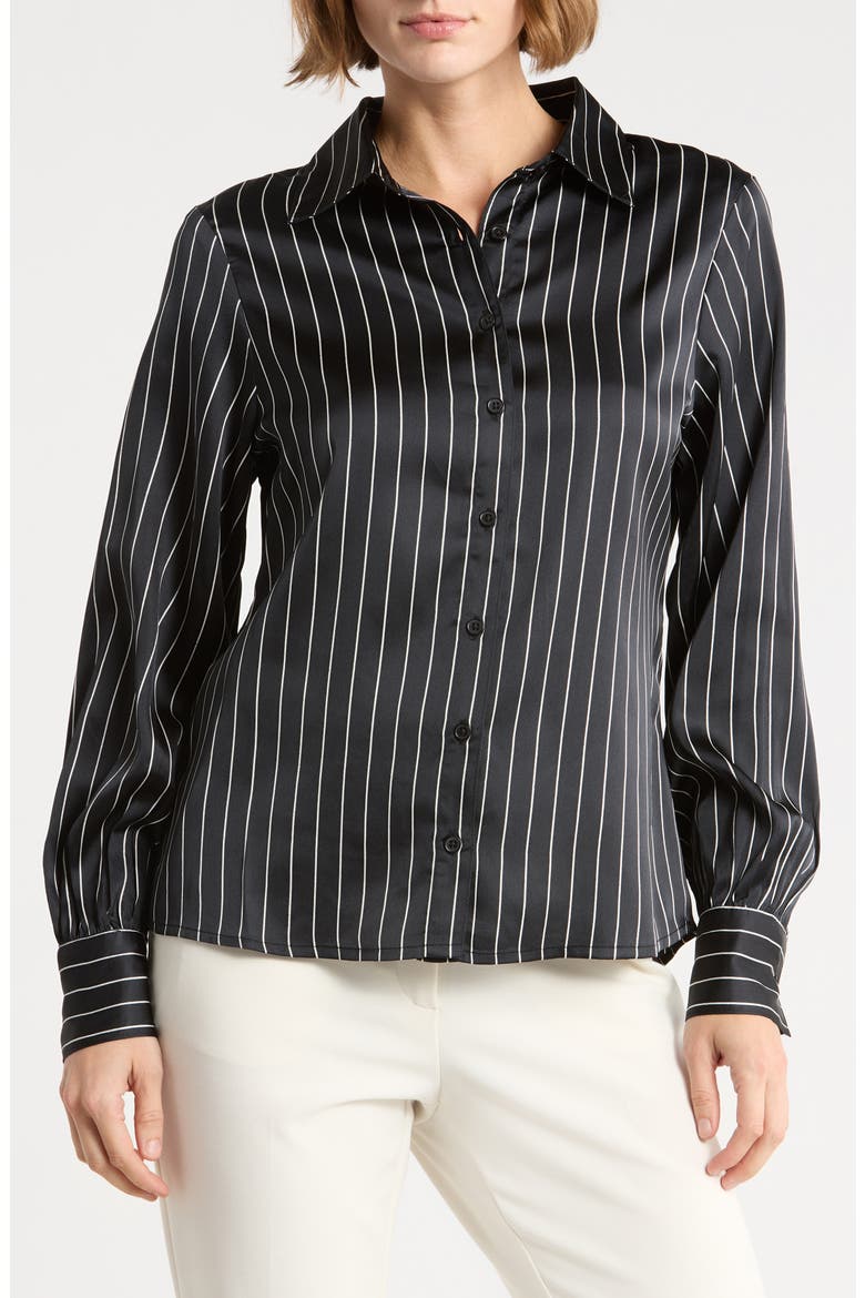Satin Button-Up Shirt, Main, color, BLACK/ CLASSIC CREAM