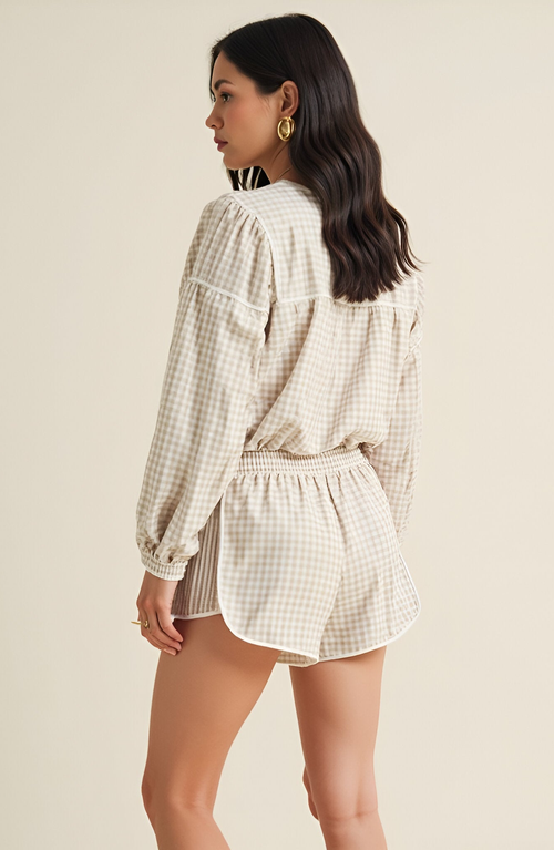 Modenaire Gingham Pleated Running Shorts In Neutral