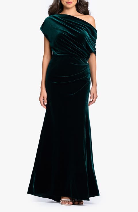 Off the Shoulder Asymmetric Velvet Gown
