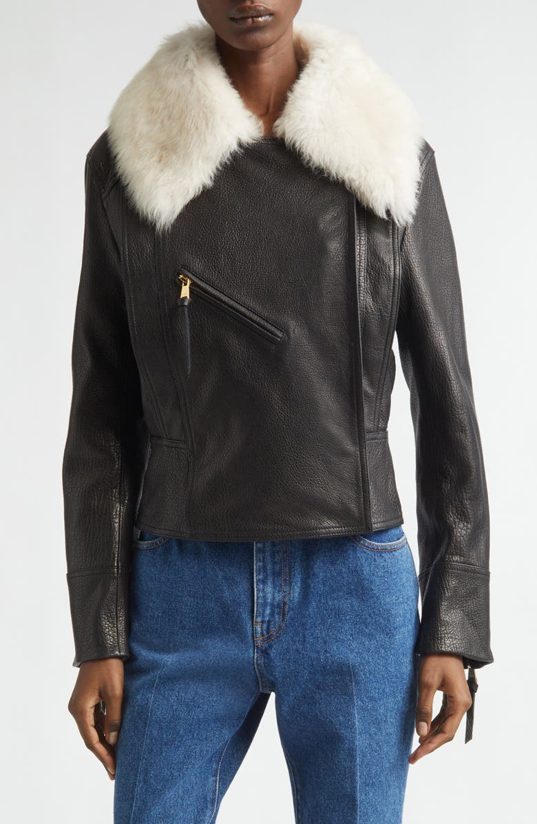 Balmain Genuine Shearling Collar Leather Biker Jacket, Main, color, Ecru/Jet Black/ Natural