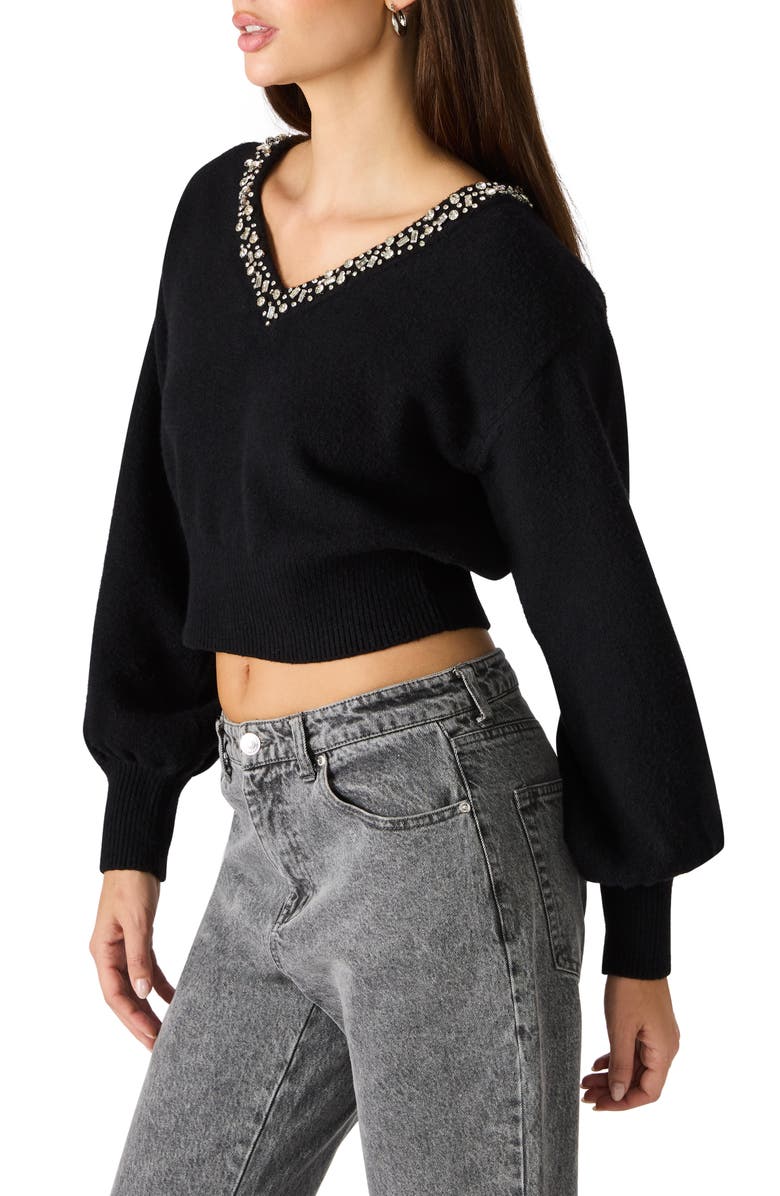 Steve Madden Evilyn Embellished V-Neck Crop Sweater, Alternate, color, Black