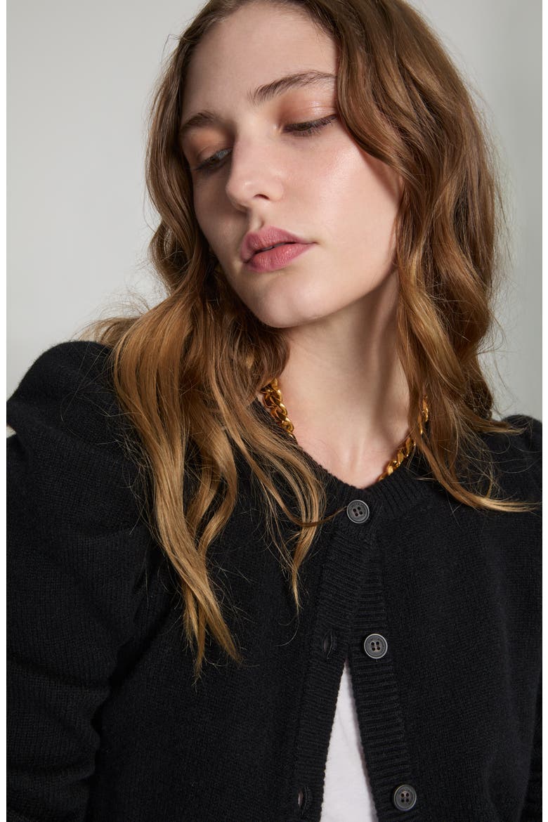 Janine Puff Shoulder Wool Cardigan, Alternate, color, TRUE BLACK