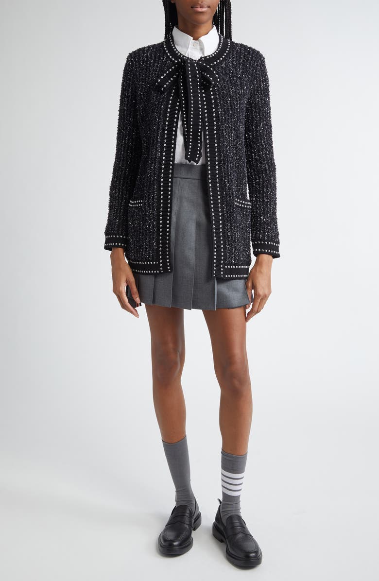 Thom Browne Tie Neck Eyelash Tweed Jacquard Cardigan, Alternate, color,