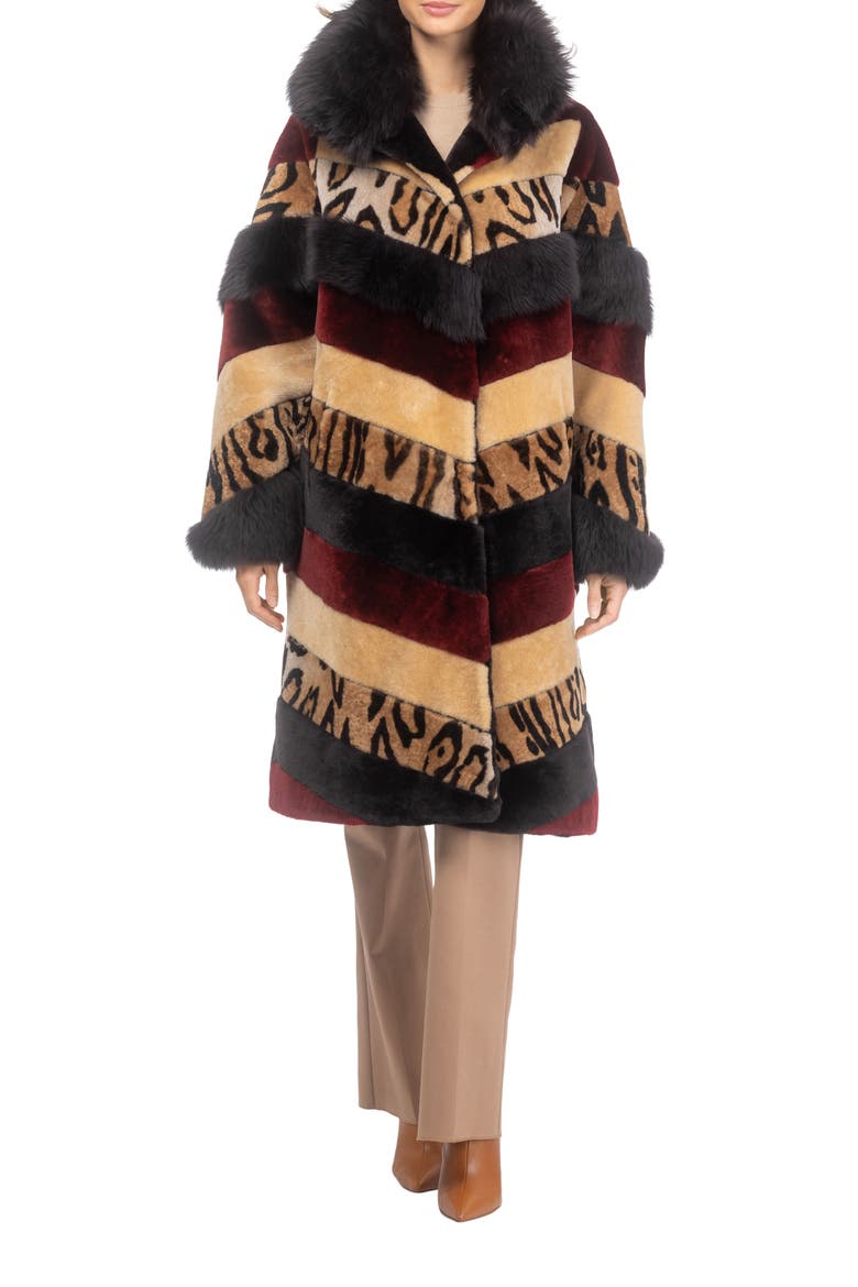 Genuine Shearling And Genuine Shearling Short Coat, Main, color, WINE/CAMEL/OCELO PRINT/BROWN