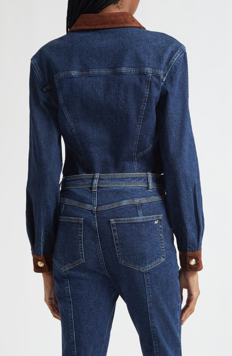 Cinq à Sept Suede Trim Denim Button-Up Shirt, Alternate, color, Dark Sepia/ Fontaine