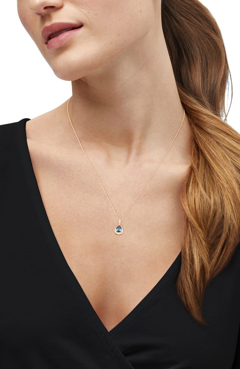 Frankie & Zoe 10K Yellow Gold Pear Cut London Blue Topaz & Diamond Halo Pendant Necklace, Alternate, color, Blue/ Yellow Gold