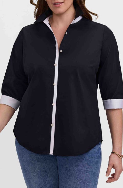 Charlie Contrast Trim Cotton Blend Button-Up Shirt (Plus)