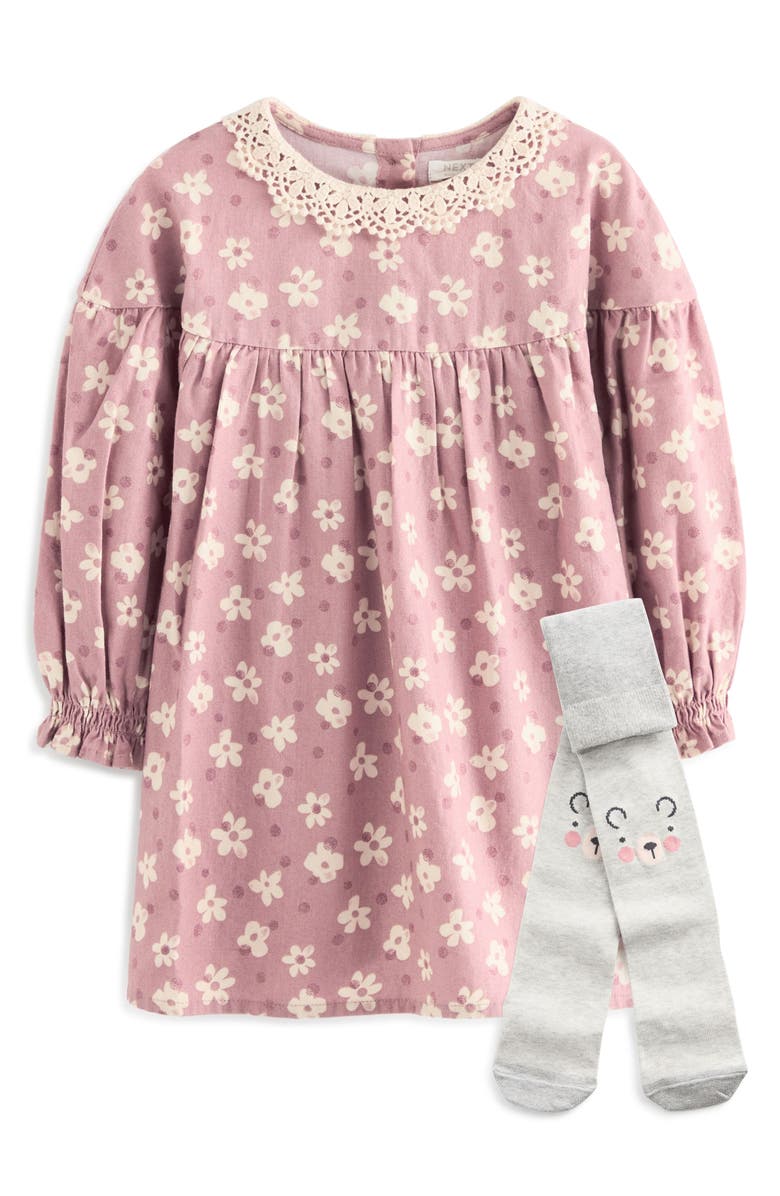 NEXT Kids' Long Sleeve Cotton Dress & Tights Set, Main, color, 