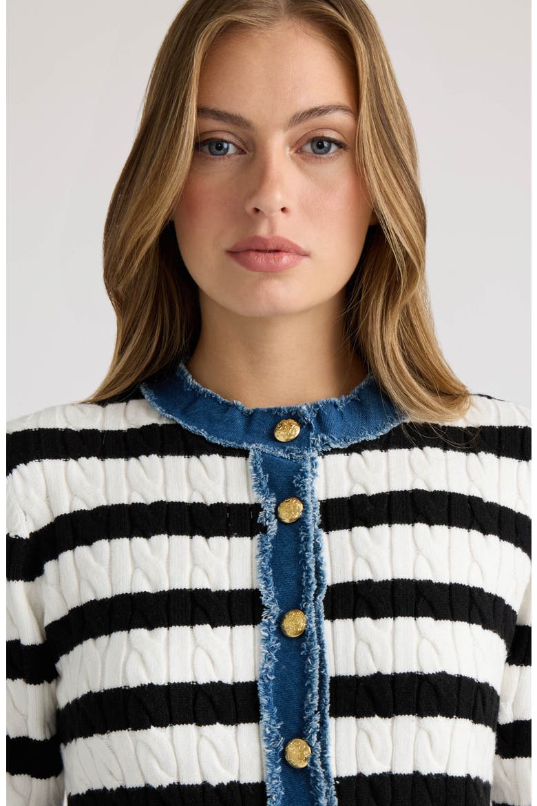 Cable Cardigan with Denim Trim, Alternate, color, MRSHMLW/ BLCK STRP