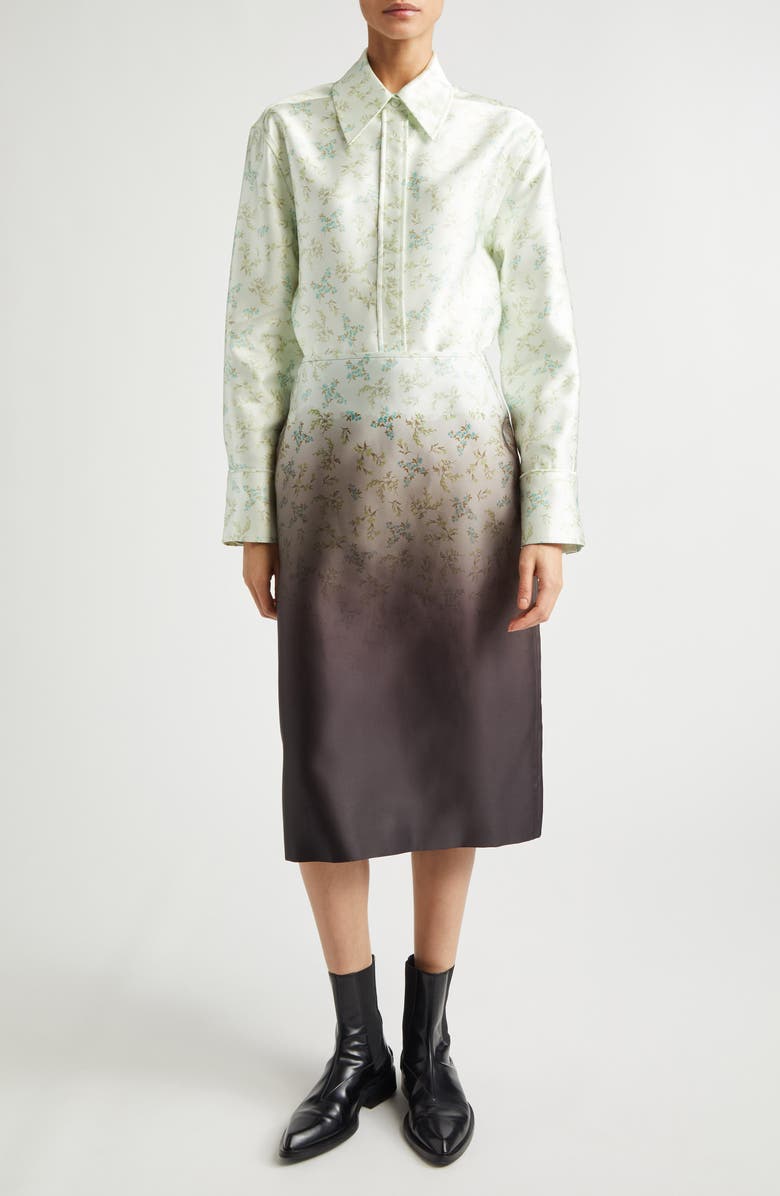 Jil Sander Floral Satin Button-Up Shirt, Alternate, color, Green Mint