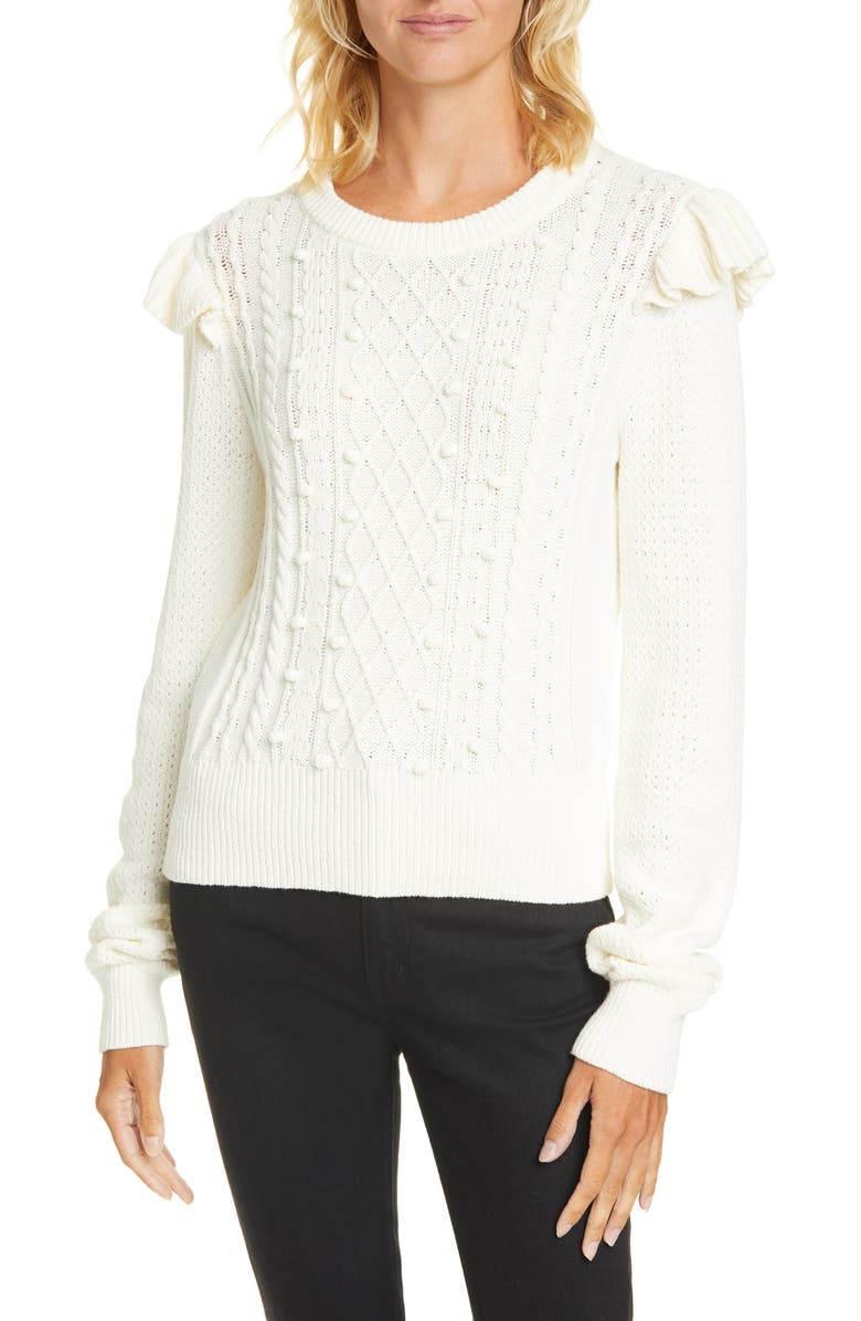 Veronica Beard Earl Ruffle Shoulder Cable Knit Sweater, Main, color,