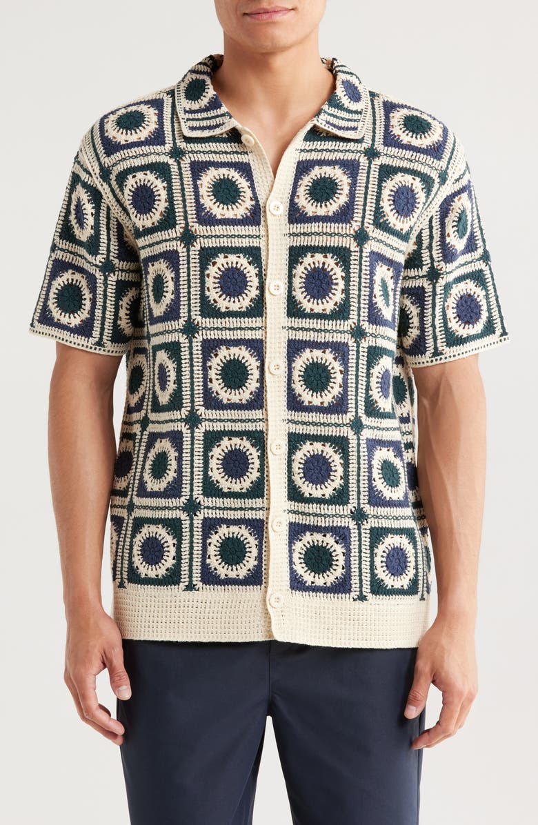 TRUTH Short Sleeve Button Front Crochet Shirt, Main, color, 