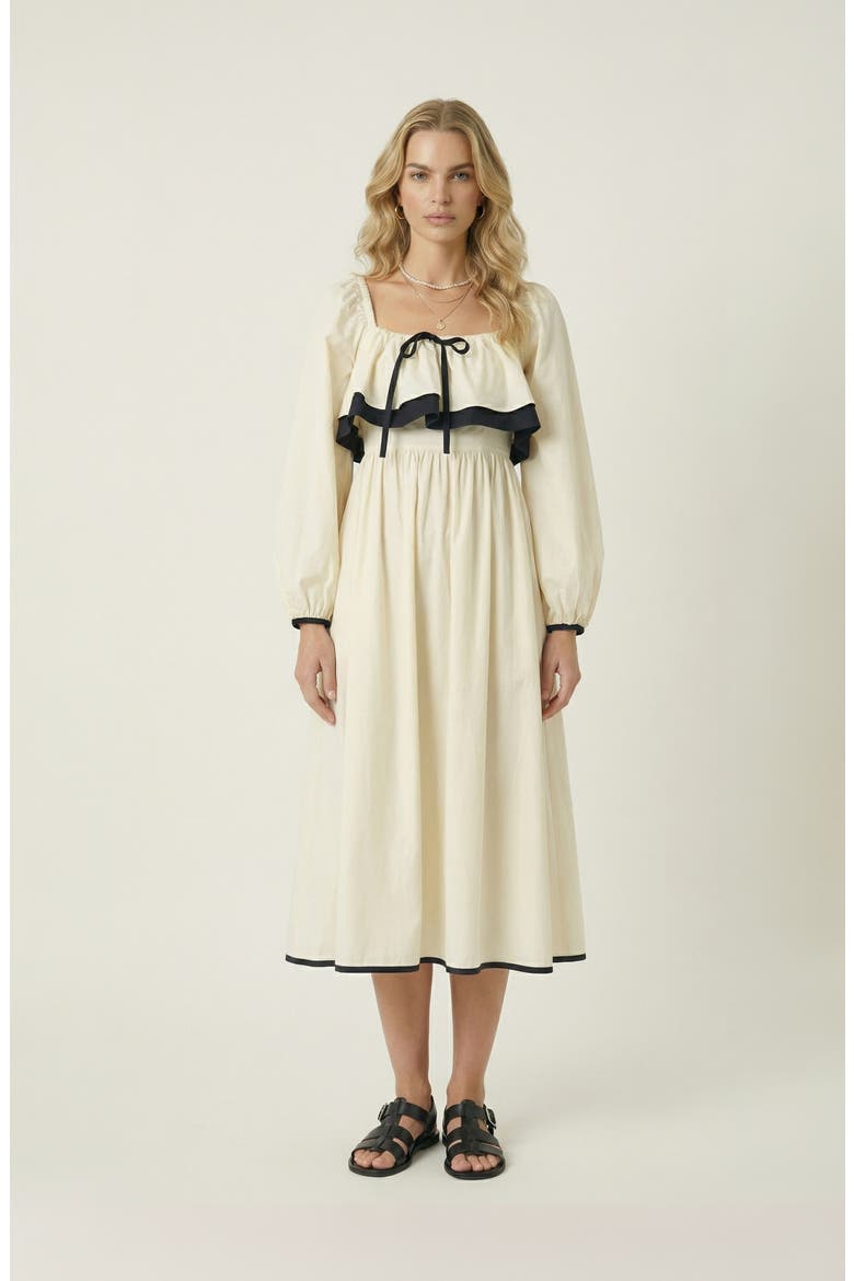 Long Sleeve Ruffle Trim Midi Dress, Main, color, Ivory
