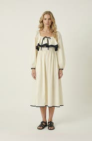 Modenaire Long Sleeve Ruffle Trim Midi Dress