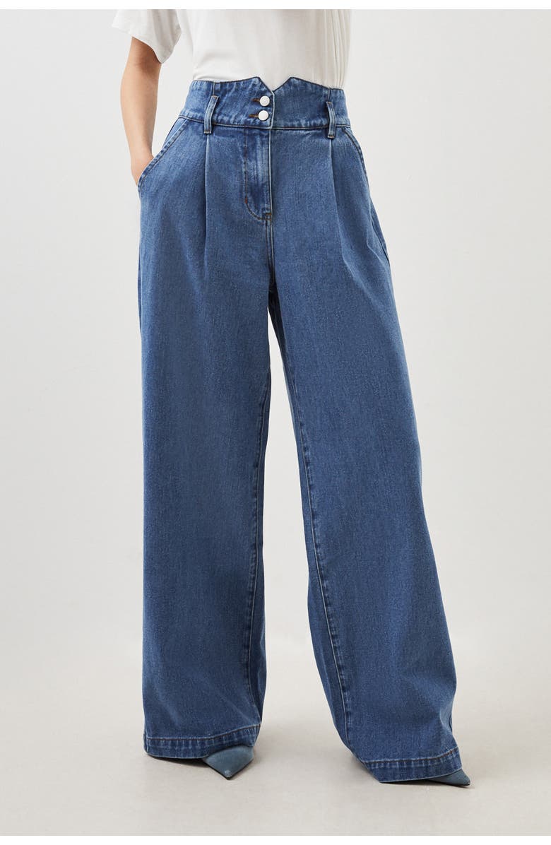 Karen Millen Petite Denim Wide Leg Pants, Main, color, Mid Blue