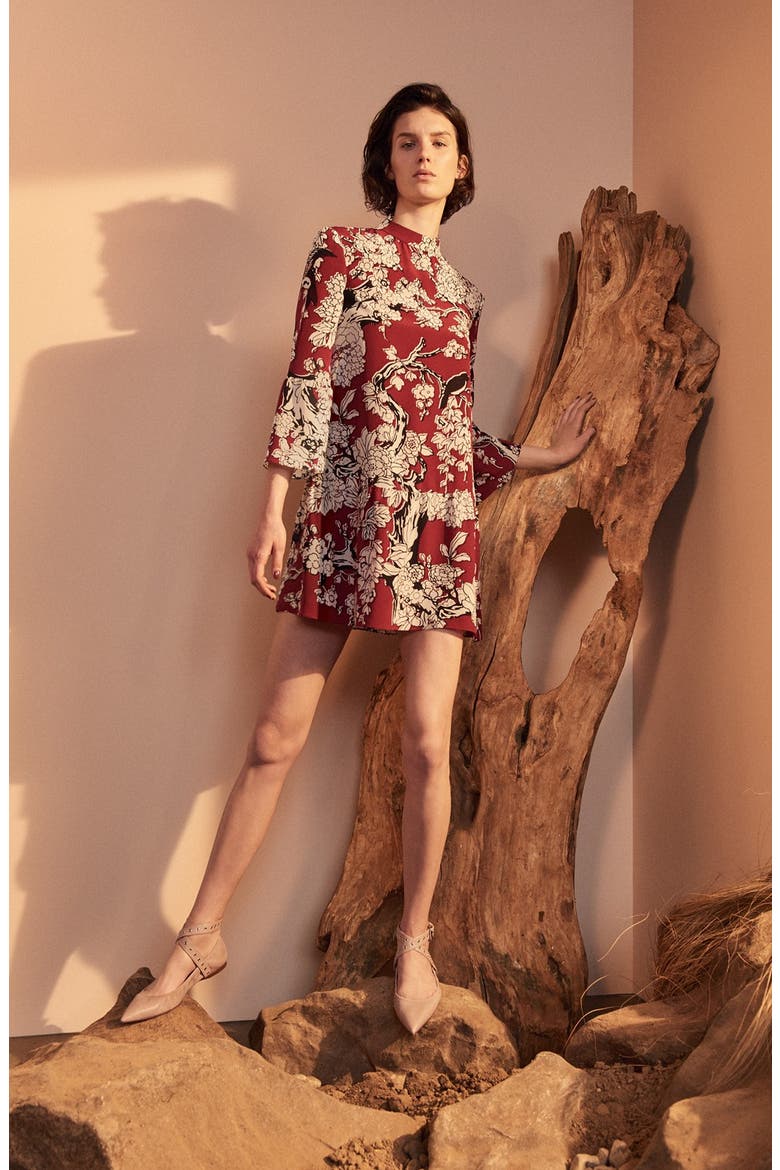 'Enchanted' Floral Print Stretch Silk Dress, Alternate, color, DEEP RED