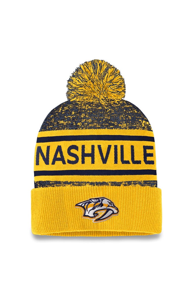 FANATICS Men's Fanatics Branded Gold/Navy Nashville Predators Authentic Pro Cuffed Knit Hat with Pom, Main, color,