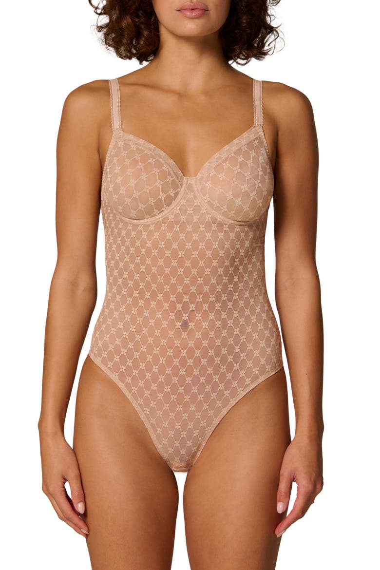 Plume Embroidered Underwire Shaping Bodysuit, Main, color, PEAU ROSE