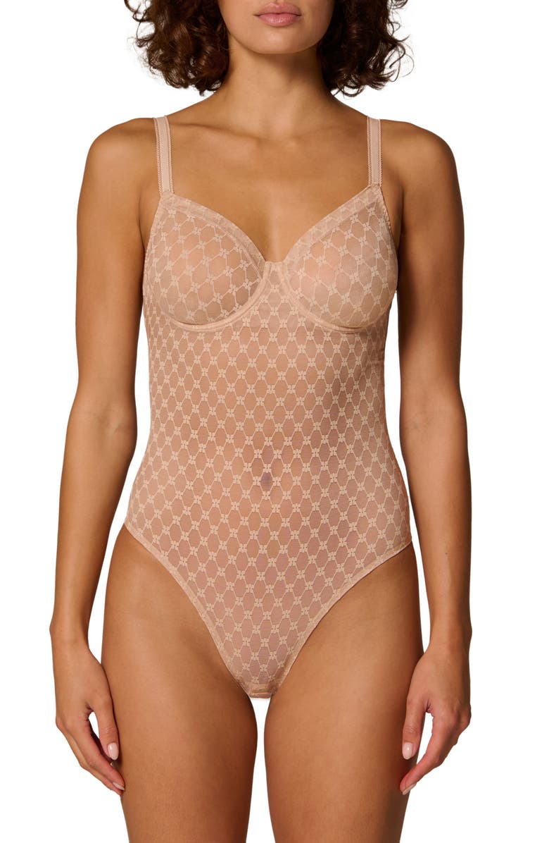 Simone Perele Plume Embroidered Underwire Shaping Bodysuit, Main, color, Peau Rose