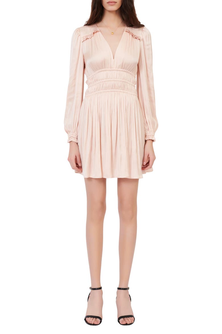 Smocked Long Sleeve Satin Minidress, Main, color, NUDE