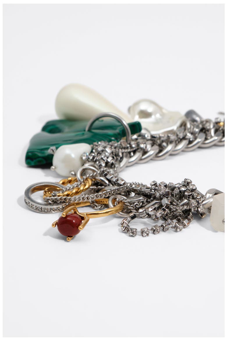 Charm Necklace with Rings, Pearls and Horse, Alternate, color, DARK SILVER