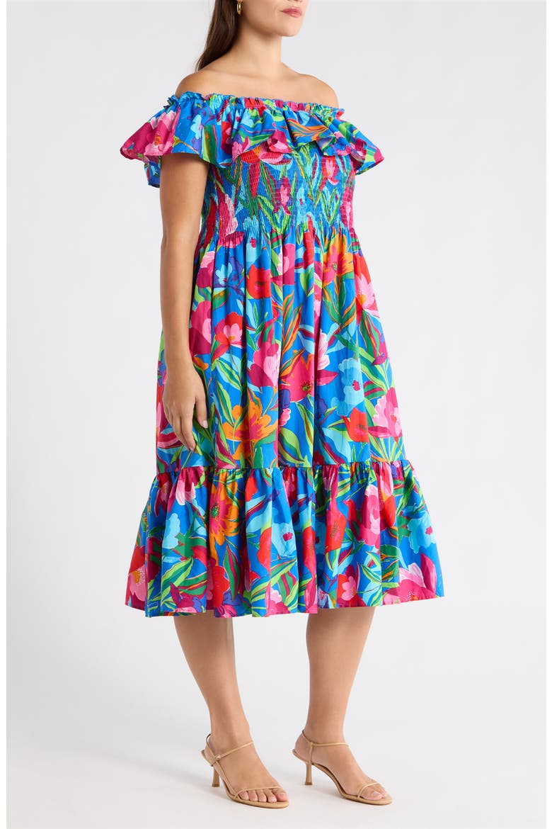 Naima Floral Off the Shoulder Smocked Midi Dress, Alternate, color, COBALT-PINK-MULTI