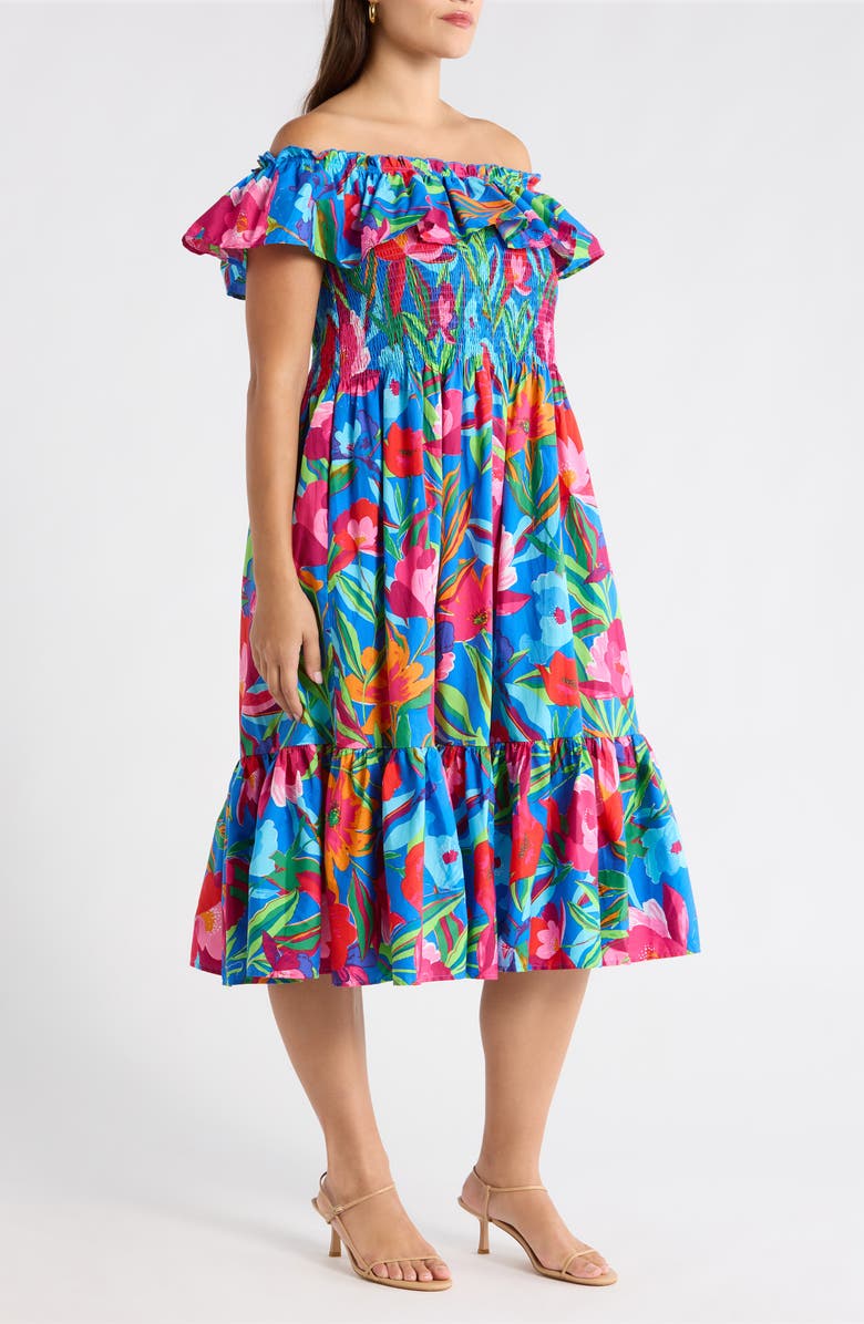 SUGARLIPS Naima Floral Off the Shoulder Smocked Midi Dress, Alternate, color, Cobalt-Pink-Multi