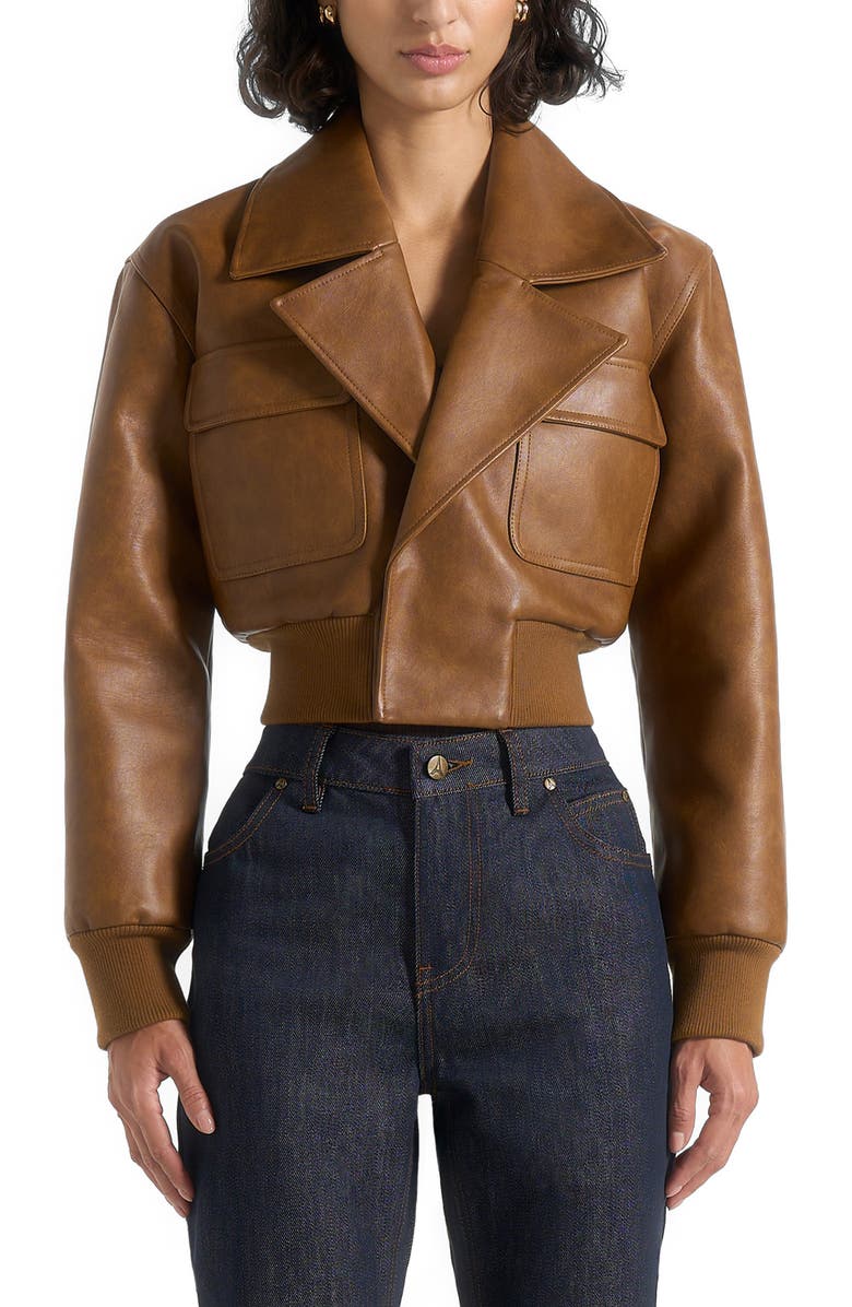 Manière De Voir Cosette Vintage Leather Lapel Bomber Jacket, Alternate, color, 