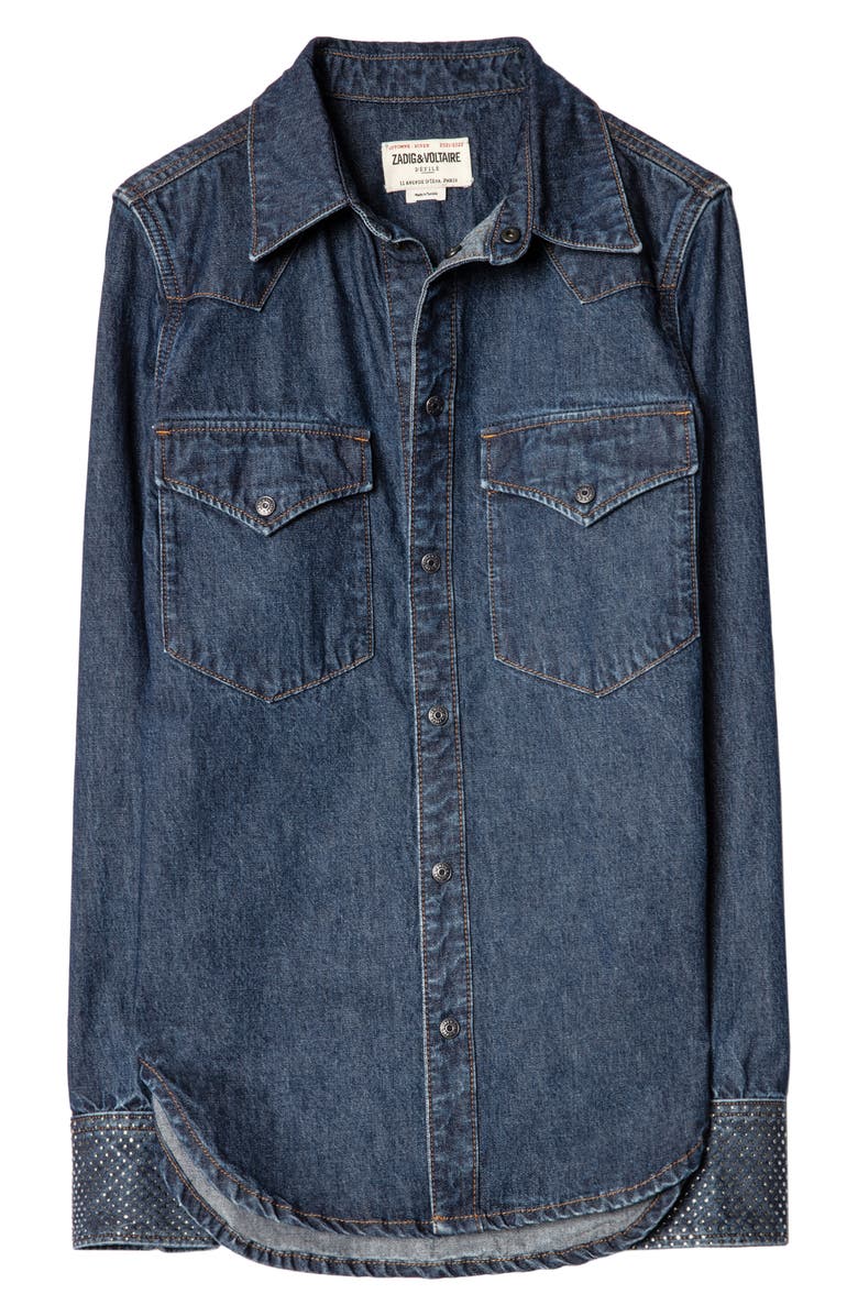 Zadig & Voltaire Thelma Embellished Cuff Cotton Denim Buttom-Up Shirt, Alternate, color,