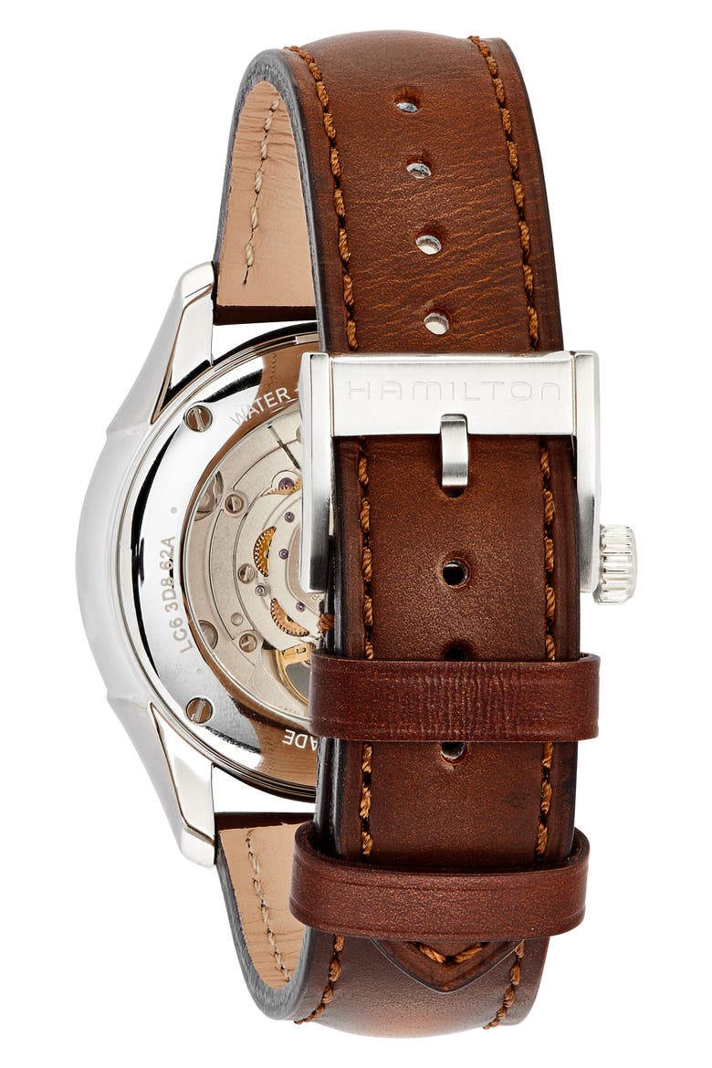 Jazzmaster Open Heart Automatic Leather Strap Watch, 40mm, Alternate, color, BROWN/ BLUE/ SILVER