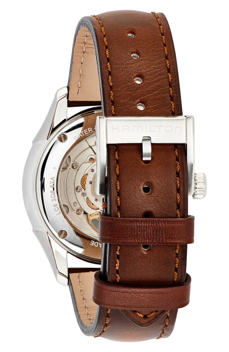 Hamilton Jazzmaster Open Heart Automatic Leather Strap Watch, 40mm, Alternate, color, Brown/ Blue/ Silver