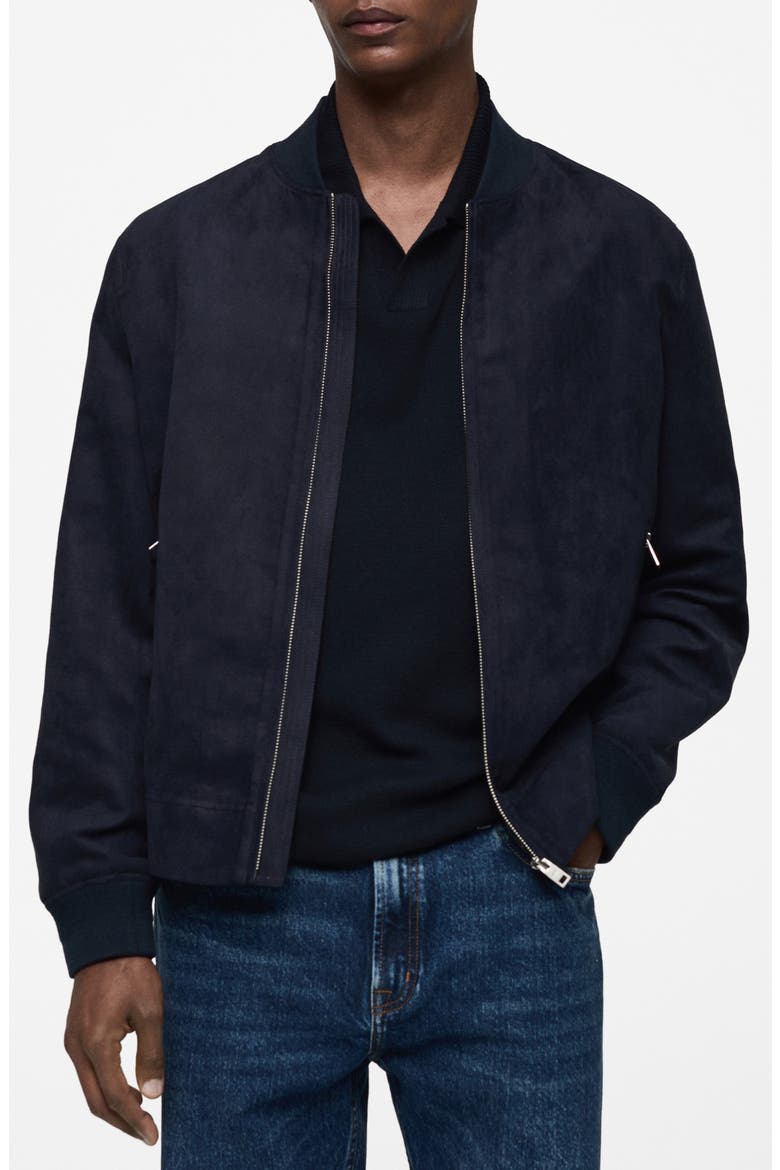 Faux Suede Bomber Jacket, Main, color, DARK NAVY