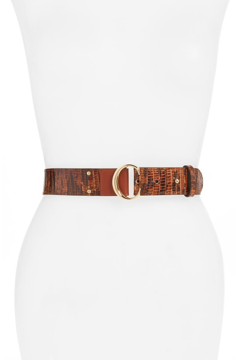 C Buckle Lizard Embossed Leather Belt, Main, color, SEPIA BROWN