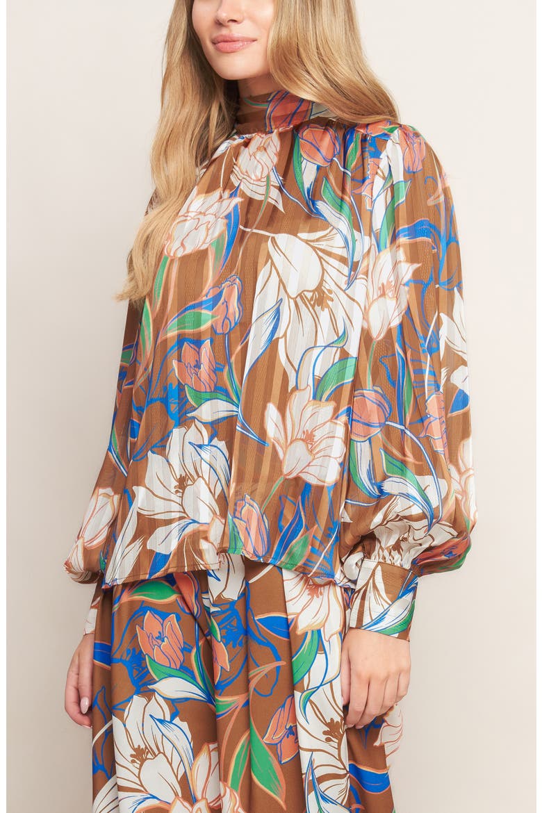 Floral Mock Neck Long Sleeve Top, Alternate, color, BROWN