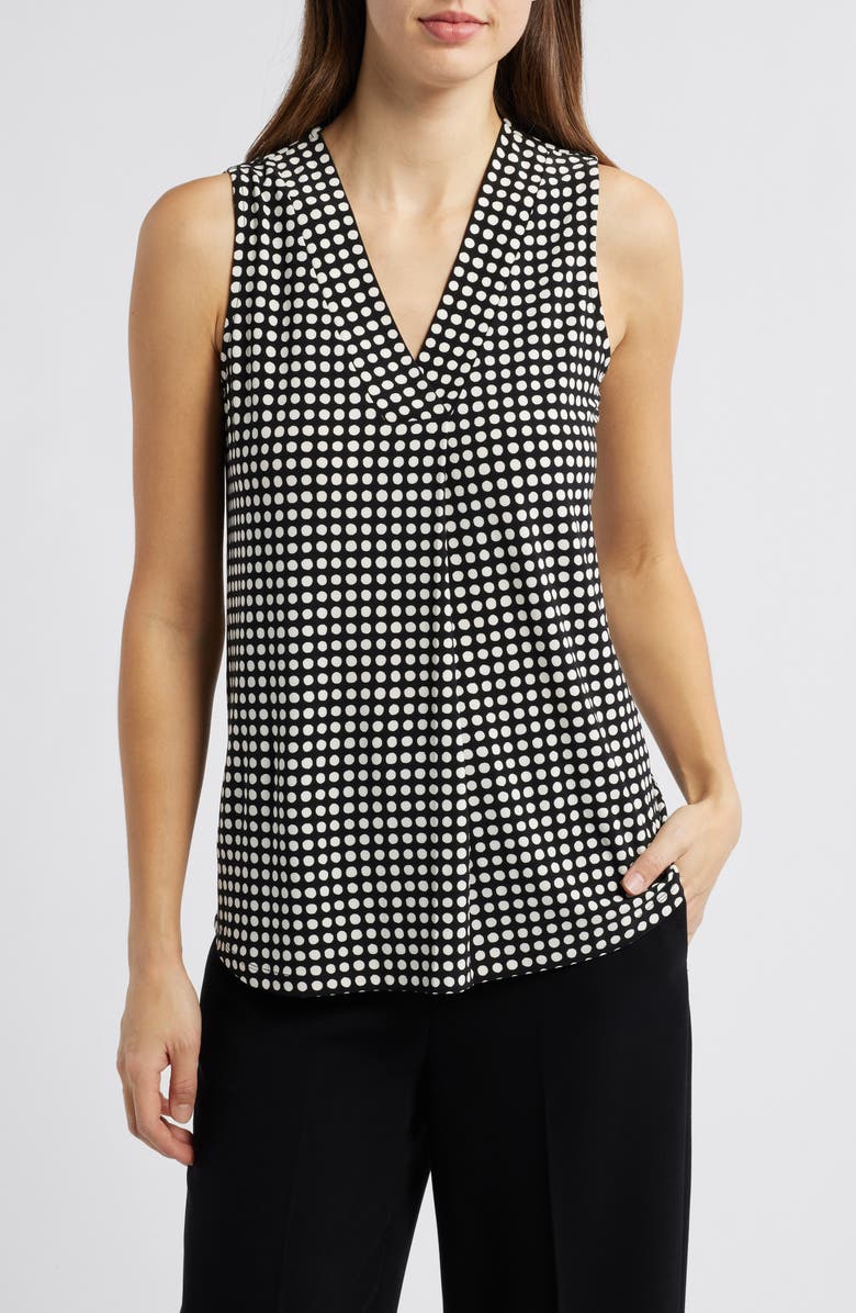Anne Klein Polka Dot Pleat Front Shell, Main, color, Anne Black/ White