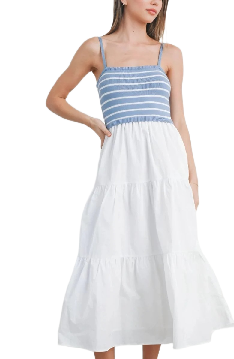 Knit and Lounge Striped Knit Bodice Tiered Midi Dress with Spaghetti Straps, Main, color, 