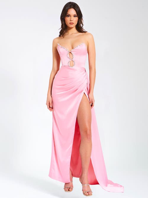 Miss Circle Women Marilyn Pink Satin Crystal Embellished High Slit Gown In Pink