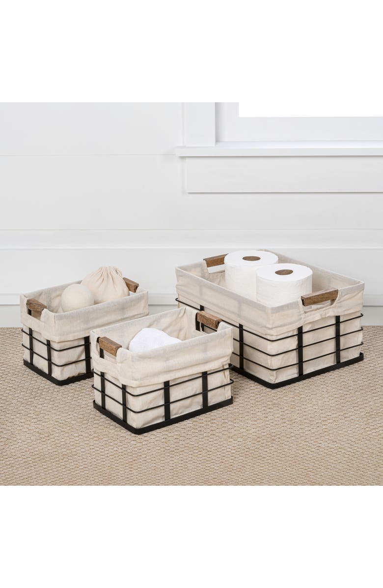 HAPPIMESS Callan Vintage Industrial Handmade Wire Metal Nesting Storage Baskets with Wood Handles and Fabric Liner, Alternate, color, Black