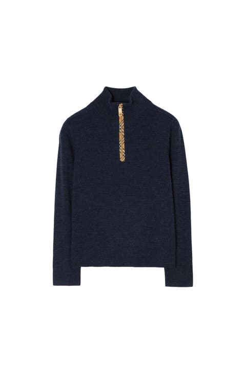 Check Trim Wool Half-zip Sweater