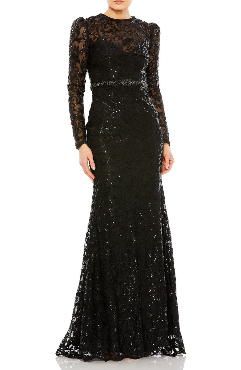 Mac Duggal Embellished High Neck Long Sleeve Gown, Main, color, 