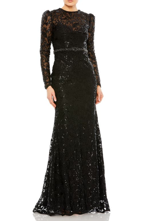 Mac Duggal Embellished High Neck Long Sleeve Gown In Black