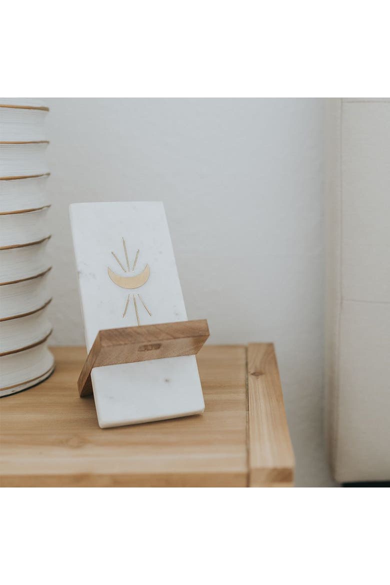 Indukala Moon Phase Phone Stand for Desk - Wood, Marble, Brass, Alternate, color, Brown