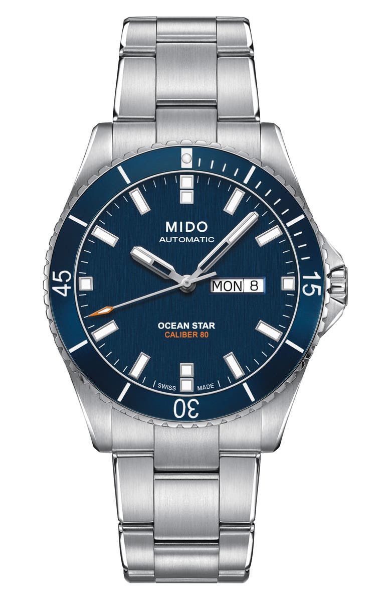 MIDO Ocean Star Diver Bracelet Watch, 42mm, Main, color, Silver/Navy/Silver