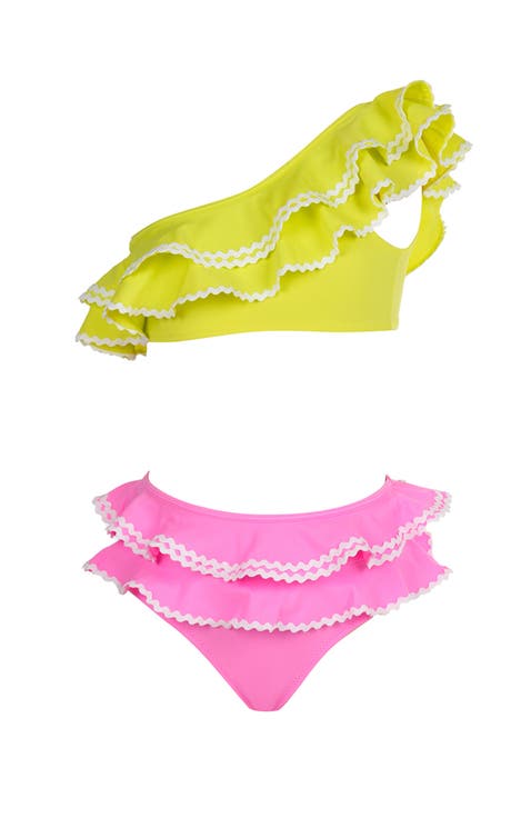 Neon One-Shoulder Multi-Ruffle Two-Piece Bikini