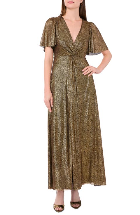 Metallic Flutter Sleeve Faux Wrap Dress