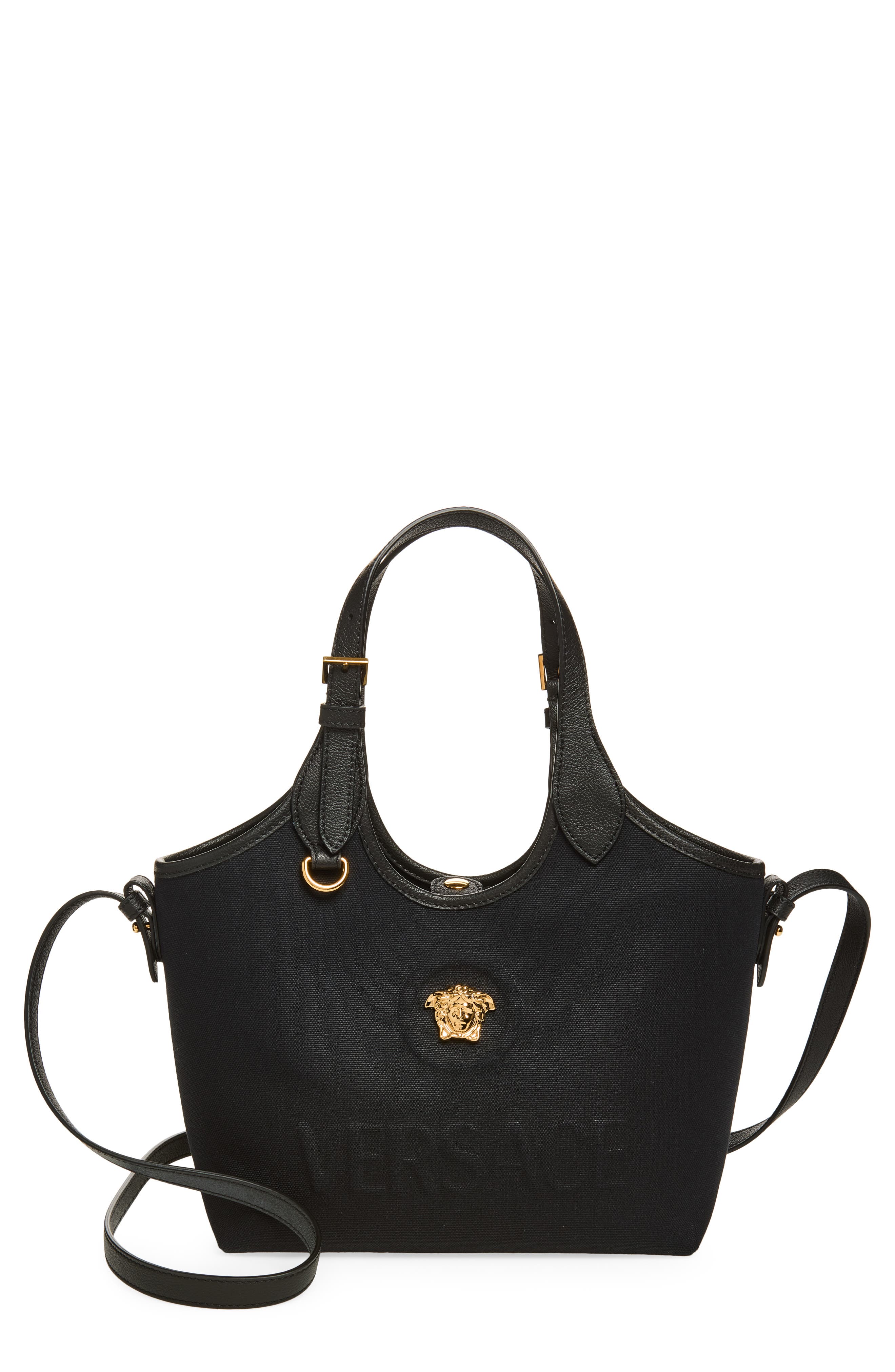 Versace Mini La Medusa Canvas Tote, Main, color, Black-Versace Gold
