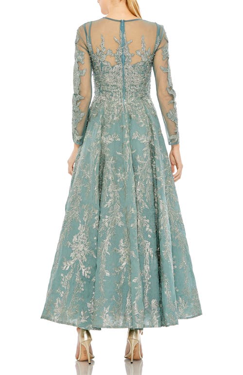 Mac Duggal Embellished Bow Belt Illusion Long Sleeve A Line Dress In Jade