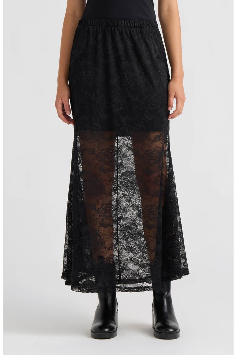 Lace Flare Maxi Skirt, Main, color, BLACK